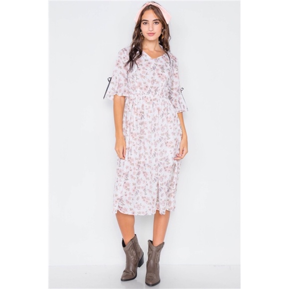 PINK & WHITE FLORAL FLOUNCE STRETCHY MIDI DRESS - Picture 3 of 6